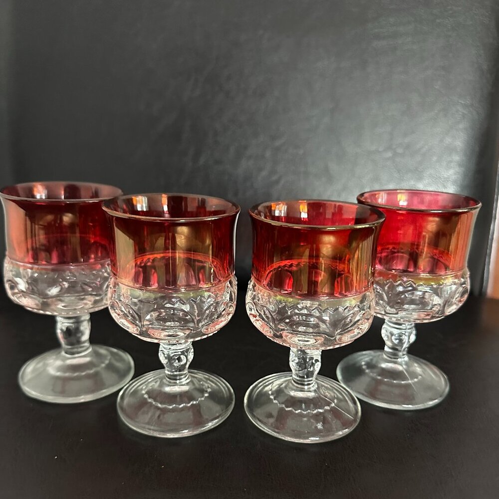 MCM King's Crown-Cranberry Flashed  by Tiffin-Franciscan Claret Wine 4 3/8" Set4